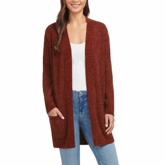 Matty M LIKE NEW burgundy rust open front long line pocket chenille cardigan - Picture 1 of 8